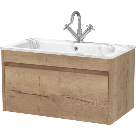 Swainsley Contemporary Wall Hung 1 Drawer Vanity Unit with Carrera Marble Stone Basin, 800mm, Autumn Oak