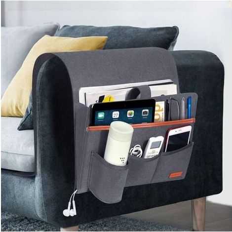 Poche de Canapé Chaise Sac de Rangement en Feutre, Organiseur Housses de Canapé pour Télécommande, Tablette, Câble de Recharg, Magazine, Lunettes, Stylo - Bleu Gris (1/5)