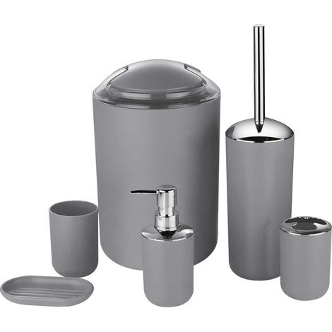 Ensemble de rangement salle de bain 6 pièces (distributeur, brosse WC, poubelle, gobelet, porte-savon, porte-brosse)