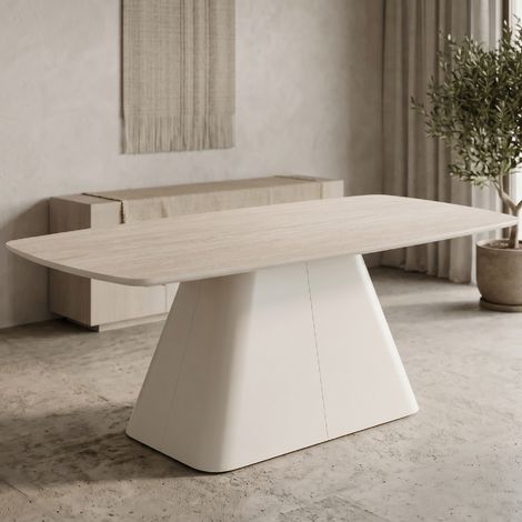 Mesa de comedor/cocina 180 x 90 cm RILKE con tablero de melamina de 21 mm efecto piedra beige claro y estructura metálica color crema - MOG CASA (1/5)