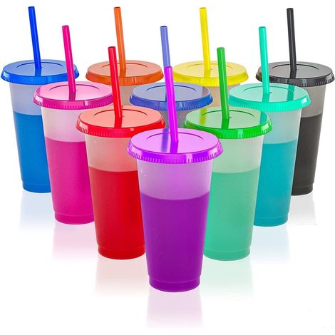 10 Pieces Color Changing Cups with Lids and Straws, 710ml Reusable Plastic Cups, Cute Children's Drinking Cups, Bulk Party Travel Cups (10 Colors)