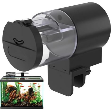 Distributore automatico di cibo programmabile da 100 ml per pesci d'acquario, alimentato a batteria con clip di fissaggio, ideale per guppy e gamberetti.