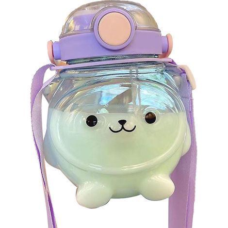 Gourde portable 1000 ml en forme d'ourson, avec paille et dragonne, idéale pour l'été (violet). (1/5)