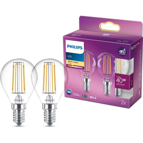 Philips ampoule LED Sphérique E14 40W Blanc Chaud Claire, Verre, Lot de 2 (1/10)