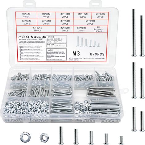 870 Pièces M3 Vis Boulons et Écrous et Rondelles Assortiment Kit, Boulons Vis à Tête Cylindrique, Vis à Métaux Cruciforme Galvanisées, DIN 7985(argent 870 M3) (1/5)