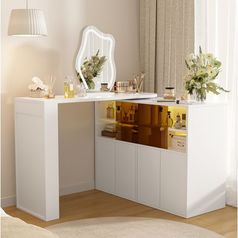 Coiffeuse d'angle réversible avec miroir LED, grand rangement, blanc, 177 x 40 x 131,5 cm HAVRYA (1/5)
