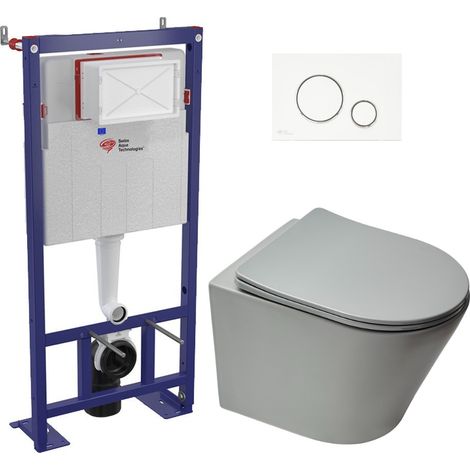 Swiss Aqua Technologies Pack WC bâti-autoportant + WC Infinitio gris mat sans bride fixations invisibles + Abattant softclose + Plaque blanche/chrome (1/5)