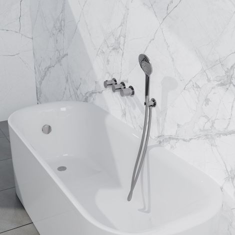 Fortifura Nebbio Ensemble combiné bain - mitigeur thermostatique - coude mural avec support de douchette - flexible de douche métallique - douchette (1/5)