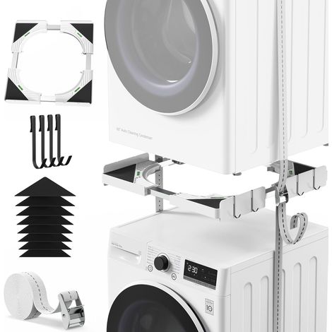 Slimline Kit de Empilage pour Lave-linge et Sèche-linge Cadre Intermédiaire Universel Réglable 45-68 cm, avec Corde à Cliquet, Tampons Anti-Vibration et 4 Crochets (1/5)