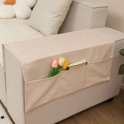 LAN N° 3 Blanc cassé 60x110 - Trois poches Housse d'accoudoir de canapé, housse anti-poussière style lin, housse de canapé, rangement toutes saisons, serviette antidérapante pour accoudoir (1/4)