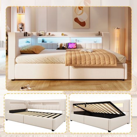 VVBV Lit banquette convertible 90 x 200 cm, éclairage LED, ports USB et USB-C, coffre relevable, matelas non inclus, beige (1/5)