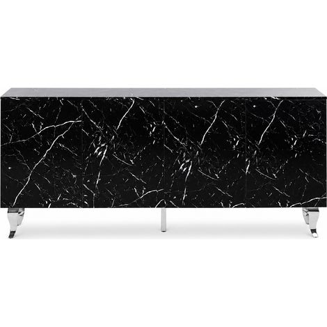 Buffet BAROQUE – Laqué Marbre Noir Pieds Chrome – 4 Portes – 180x40x80 cm (1/5)