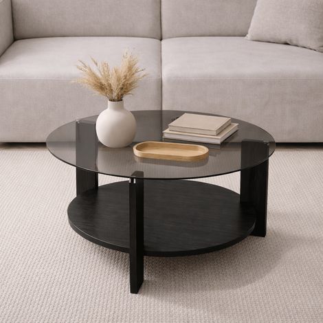 Runder Couchtisch schwarz Melamin Rauchglas Ø75 cm - Cairo