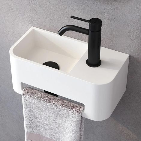 Kronenbach Stone Handwaschbecken 38 x 19 cm Becken links mit Hahnlochbohrung, mit Handtuchhalterung (1/4)