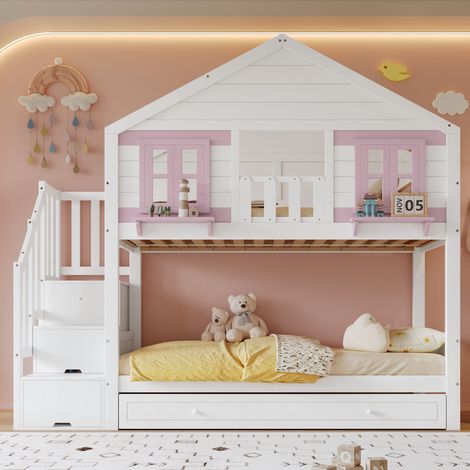 Etagenbett mit Ausziehbett 90x200 cm Weiß+Rosa aus Massivholz und MDF mit Treppe und Kleiderbereich (1/5)