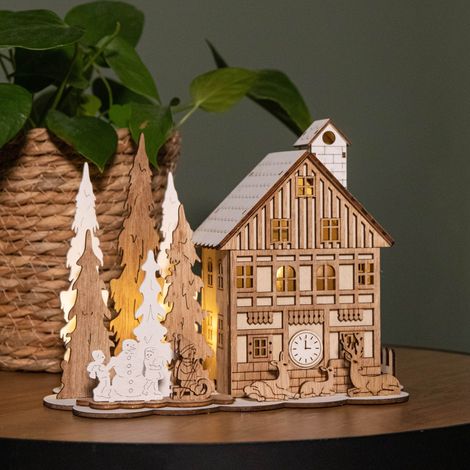 16cm Battery Operated Light up Wooden House Scene with Christmas Trees and Warm White LEDs (1/5)