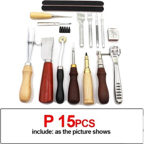 Set di attrezzi per la lavorazione del cuoio, struttura in legno resistente, 15 strumenti essenziali, T1 (1/2)