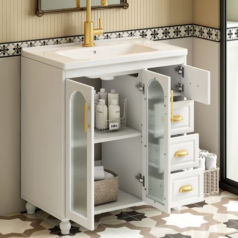 Mobiletto Bagno 80x47x90 cm Lavabo monovasca con 3 ante 3 cassetti, maniglie e gambe dorate, MDF, bianco (1/5)