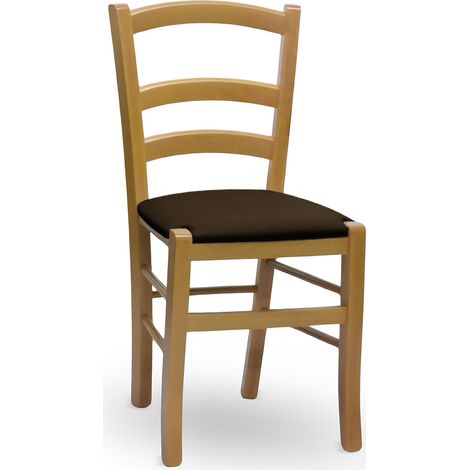 Sièges Venezia en bois de noyer clair avec assise rembourrée en similicuir brun (1/5)
