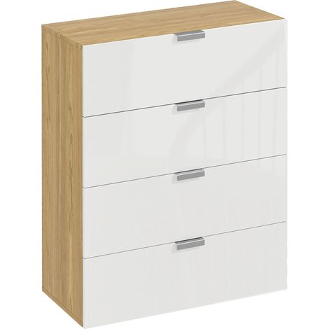 Cómoda de alto brillo, mueble organizador de almacenamiento con 4 cajones y tiradores para dormitorio, sala de estar, color blanco y natural. (1/5)
