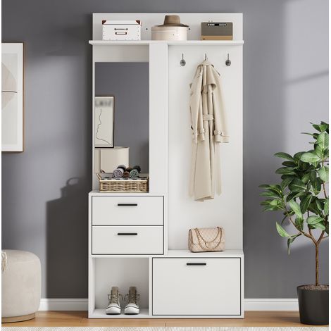 Perchero armario en MDF blanco con 3 ganchos, 90 x 30 x 180 cm, espejo de cuerpo entero, 2 cajones y zapatero abatible (1/5)