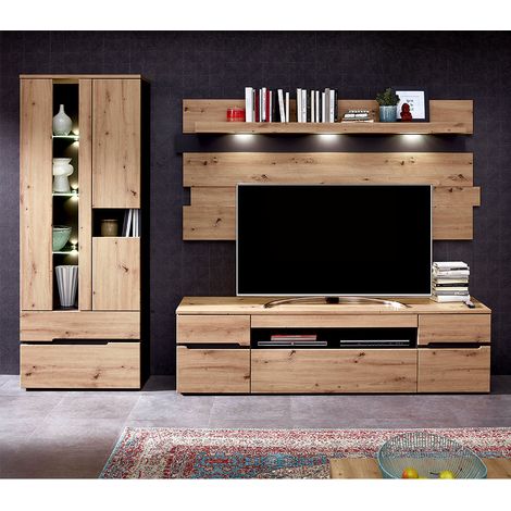 Moderne TV Wohnwand inkl. LED-Beleuchtung MANRESA-36 in Artisan Eiche Nb. mit Graphit, B/H/T: ca. 287/197/47 cm (1/5)