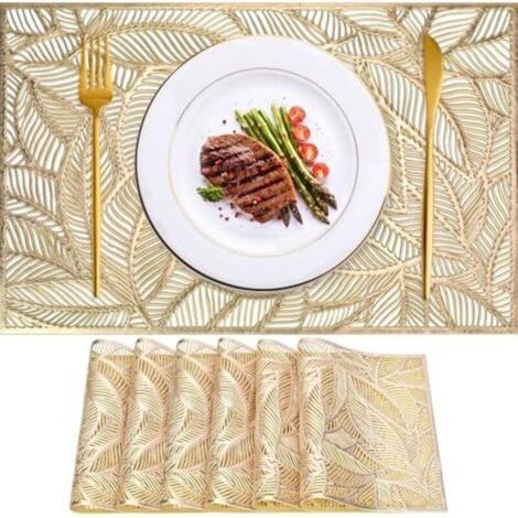 FENOPLASTICALot de 6 sets de table rectangulaires en PVC lavable, résistants à la chaleur et antidérapants, 45 x 30 cm, couleur or, à motif de feuilles, parfaits pour Noël, les fêtes, la maison, la cu (1/4)