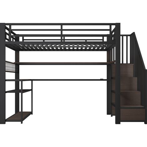 Cama alta gamer de metal 90x200 cm negra con LED, escritorio, armario y almacenaje HOMVRA (1/5)