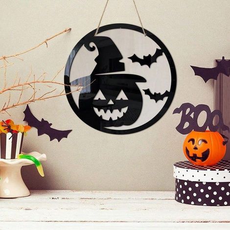 Pendentif en acrylique en forme de citrouille de sorcière en bois pour Halloween, décoration de fête de vacances (1/5)