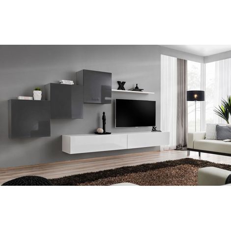 Ensemble mural - Switch X - 3 vitrines carrées - 2 bancs TV - 1 étagère - Blanc et graphite - Modèle 2 - Livraison gratuite