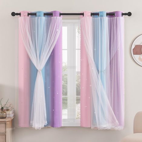 Rideaux Chambre Enfant, Rideaux Occultants avec Tulle Décoratif, Motifs Étoilés, 86x160 CM(Largeur x Hauteur), Rose/Bleu/Violet, 2 Pièces (1/5)