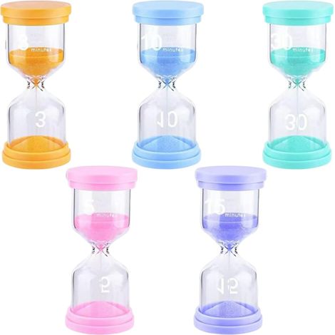 Juego de 5 relojes de arena de cristal con duración de 3/5/10/15/30 minutos. Reloj de arena para el cepillado de dientes infantil. Ayuda de aprendizaje con arena de colores. Ideal para escuelas, cocin (1/5)