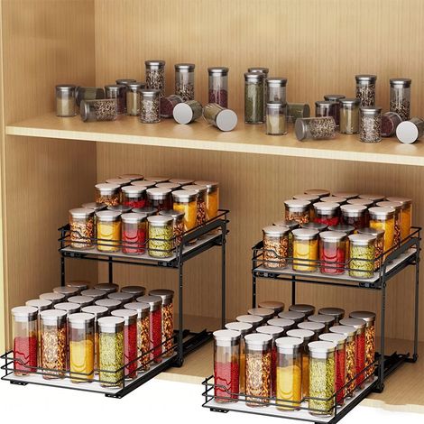 Organisateur de Placard Coulissant 2 Niveaux en Métal Noir, pour Épices et Conserves, Rangement pour Cuisine et Garde-Manger (1/4)