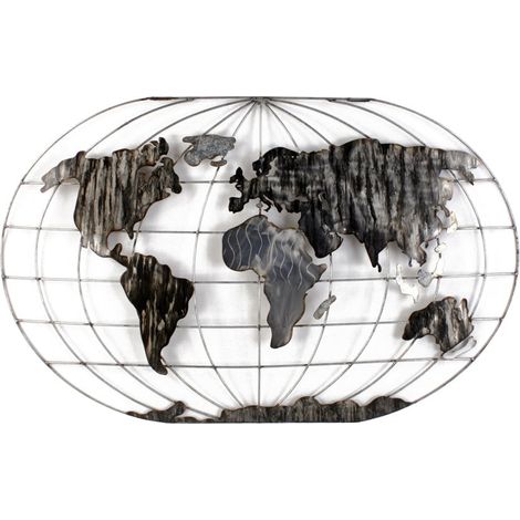 Décoration murale Mappemonde en métal gris et noir 120x75cm