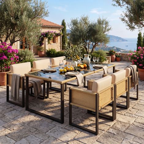 Ensemble table et chaises de jardin en polyrotin pour 6 personnes - Ensemble repas de jardin avec fauteuils et housses en tissu amovibles et lavables résistant aux intempéries