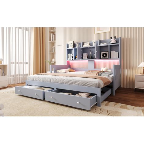 Canapé-lit escamotable en bois gris avec tiroirs, étagères, armoires et casiers ouverts, équipé de prises électriques et éclairage LED, lit d'appoint multifonctionnel (1/5)