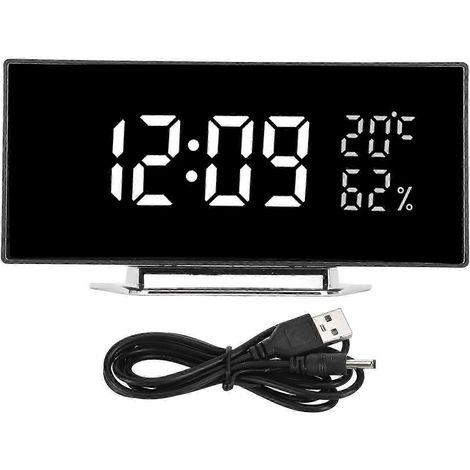 Horloge numérique incurvée, rétroéclairage miroir LED, luminosité réglable sur 3 niveaux, avec affichage de la température et de l'humidité, et affichage intelligent à lumière blanche. (1/4)