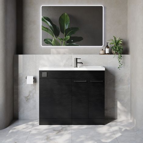 Napoli 250 Nero Oak 1000mm 2 Door Vanity Unit Toilet Suite with Square Silvo Basin - 1000mm - Gunmetal Grey 160mm HandleWithout Kingston Toilet Pan