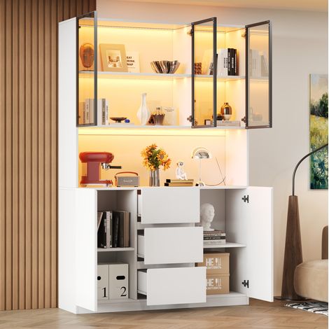 Vitrina de vidrio LED 120 x 40 x 200 cm, 3 cajones, 2 puertas, blanca OKMYHOME (1/5)