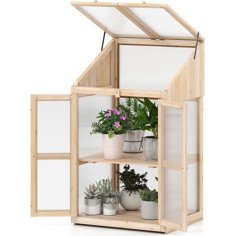 Serre de Jardin à 2 Niveaux en Sapin 121 cm, Mini Serre avec Protection d'Étagère Toit Rabattable Transparent Porte Verrouillable Étagères Amovibles (1/5)