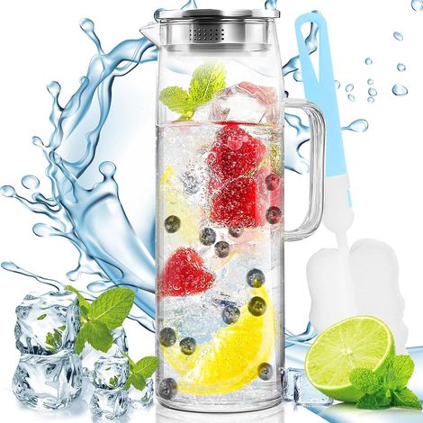 Carafe en Verre 1,5L avec Couvercle en Acier Inoxydable, Pichet pour Boissons Chaudes/Froides, Vin et Limonade