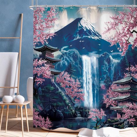 Rideau De Douche - 183 X 183 Cm - Tissu Polyester - Motif Cerisier Japonais Montagne Cascade Lune - Usage Salle De Bain Camping Caravane Résidence Étudiante - 1 Pièce Avec 12 Crochets (1/4)