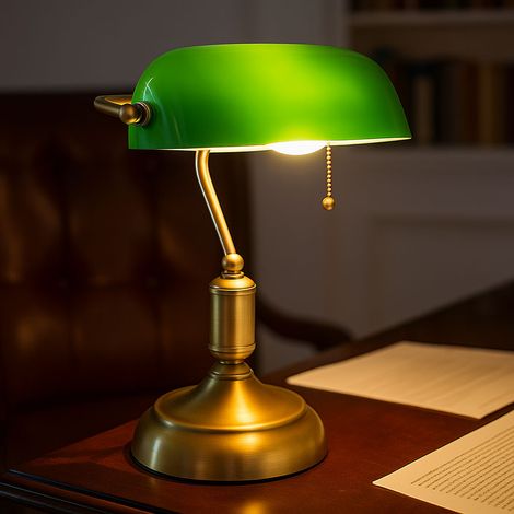 Lampada da tavolo LED da scrivania lampada banker lampada da tavolo in ottone antico vetro verde luce da lettura, paralume orientabile, interruttore a strappo, 10,5W 1055lm bianco caldo, LxH 26,5x36 c