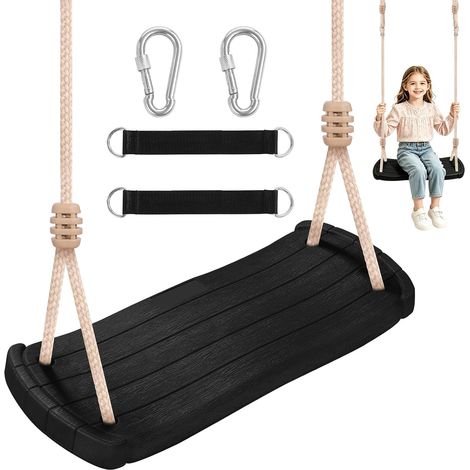 Siège de Balançoire Enfant 120kg, Balançoire Extérieur en PE Résistante aux Intempéries pour Jardin, Assise Antidérapante Réglable pour Portique, Noir (1/5)