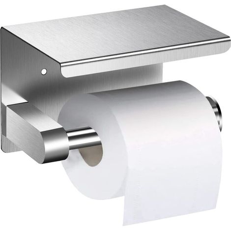 Wandmontierter Toilettenpapierhalter, kein Bohren erforderlich, Edelstahl mit Ablage fürs Badezimmer, Silber, 13,7 x 10 x 10 cm (1/4)