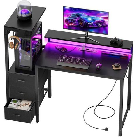 EcoFurnix Bureau Gaming mit LED 112 cm – Computertisch mit Bildschirmhalter, Regale und Stoffschublade – Schwarz