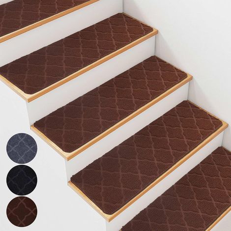 Lot de 15 tapis d'escalier antidérapants pour marches en bois - 20 x 76 cm - Tapis d'escalier d'intérieur avec dos autocollant, amovible et lavable en machine - Motif marron (1/5)