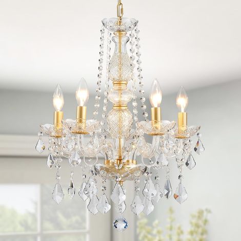 Crystal 5-Light Candle Lustre Pendentif Flushmount Lumière de plafond Lumière d'éclairage moderne pour chambre Couloir Bar Cuisine Salle de bain, H 63.5cm x W 50.8cm, Or, Base E14 (1/5)
