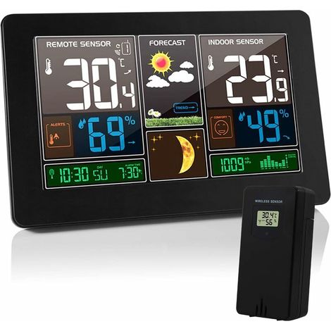 Station Météo Thermomètre Hygromètre Baromètre Intérieur Extérieur avec Capteur LED Ecran, Rétro-éclairage Horloge Numérique Affichage Heure Date Jour Phase de Lune (Noir) (1/5)