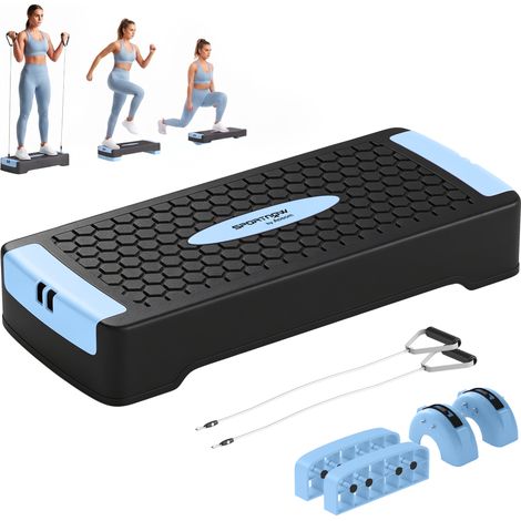 Planche de step réglable en hauteur, appareil de fitness aérobique à 2 niveaux (11/16 cm), 2 bandes de résistance, tapis antidérapant, bleu (1/5)